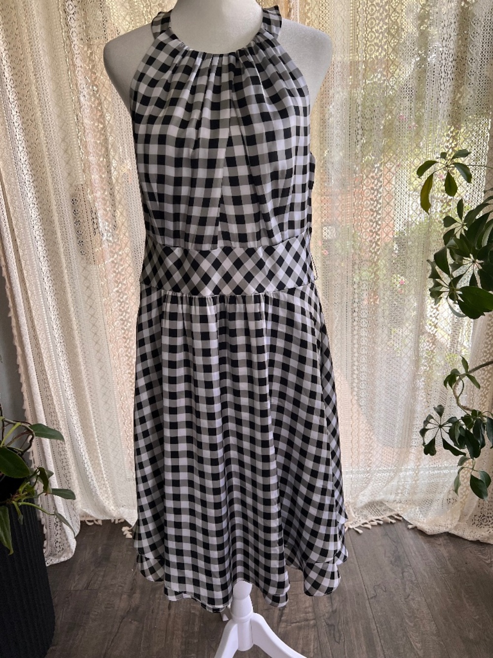 White House Black Market Black and White Gingham Midi Dress